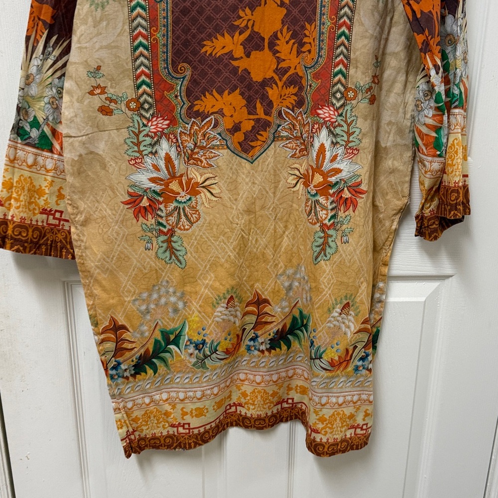 Pakistani Indian Floral Print Tunic Dress in Mustard and Brown - Picture 3 of 9